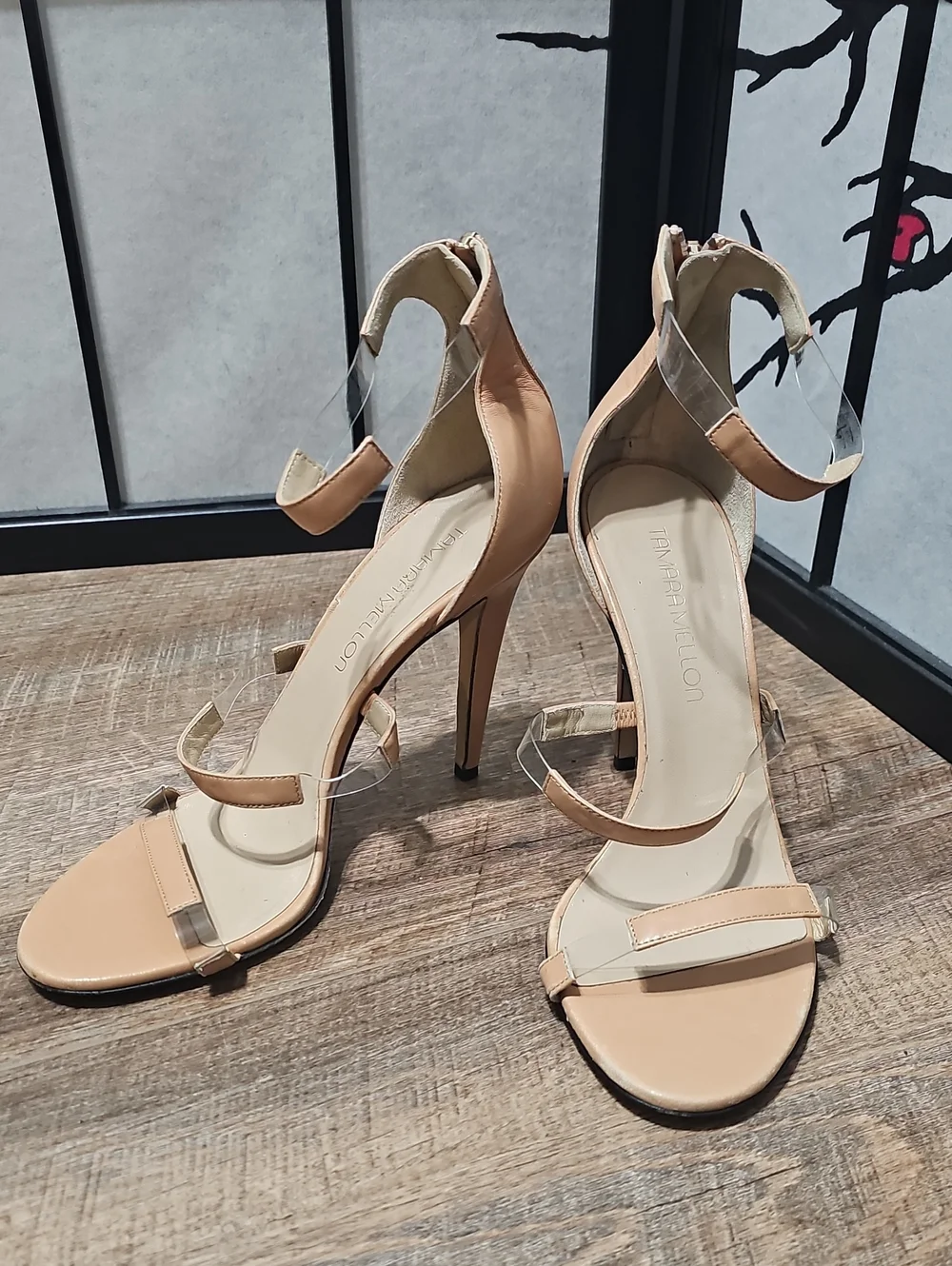 Tamara Mellon Beige and Clear Strappy Stiletto Sandals Size 9.5